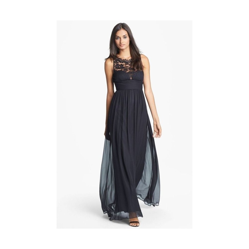 $400 AIDAN MATTOX Embellished Lace & Silk Chiffon Gown BLACK BEAUTIFUL 12